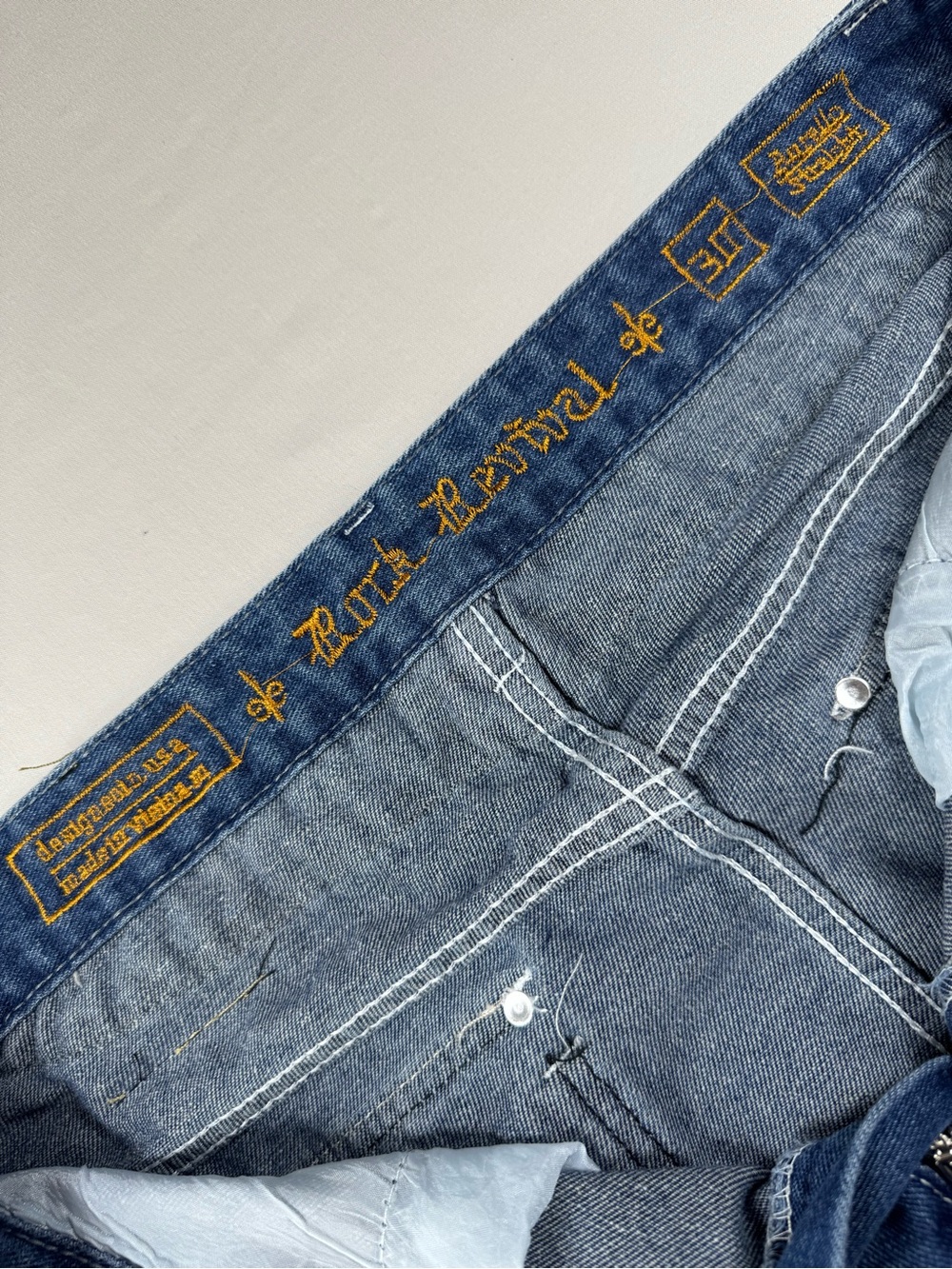 Men’s Y2K Baggy Wide Leg Jeans Embroidered Flap Pocket Medium Wash 30x28 - Picture 7 of 11